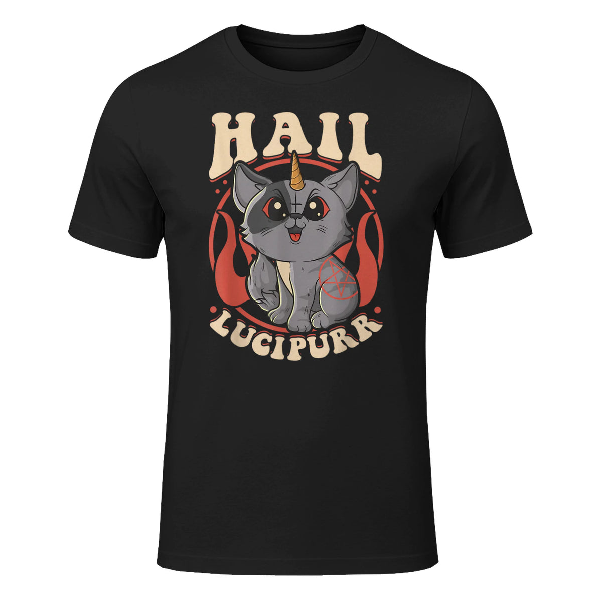 Cute & Funny Satanic Hail Lucipurr Rainbow Kitty Goth in Black - front view