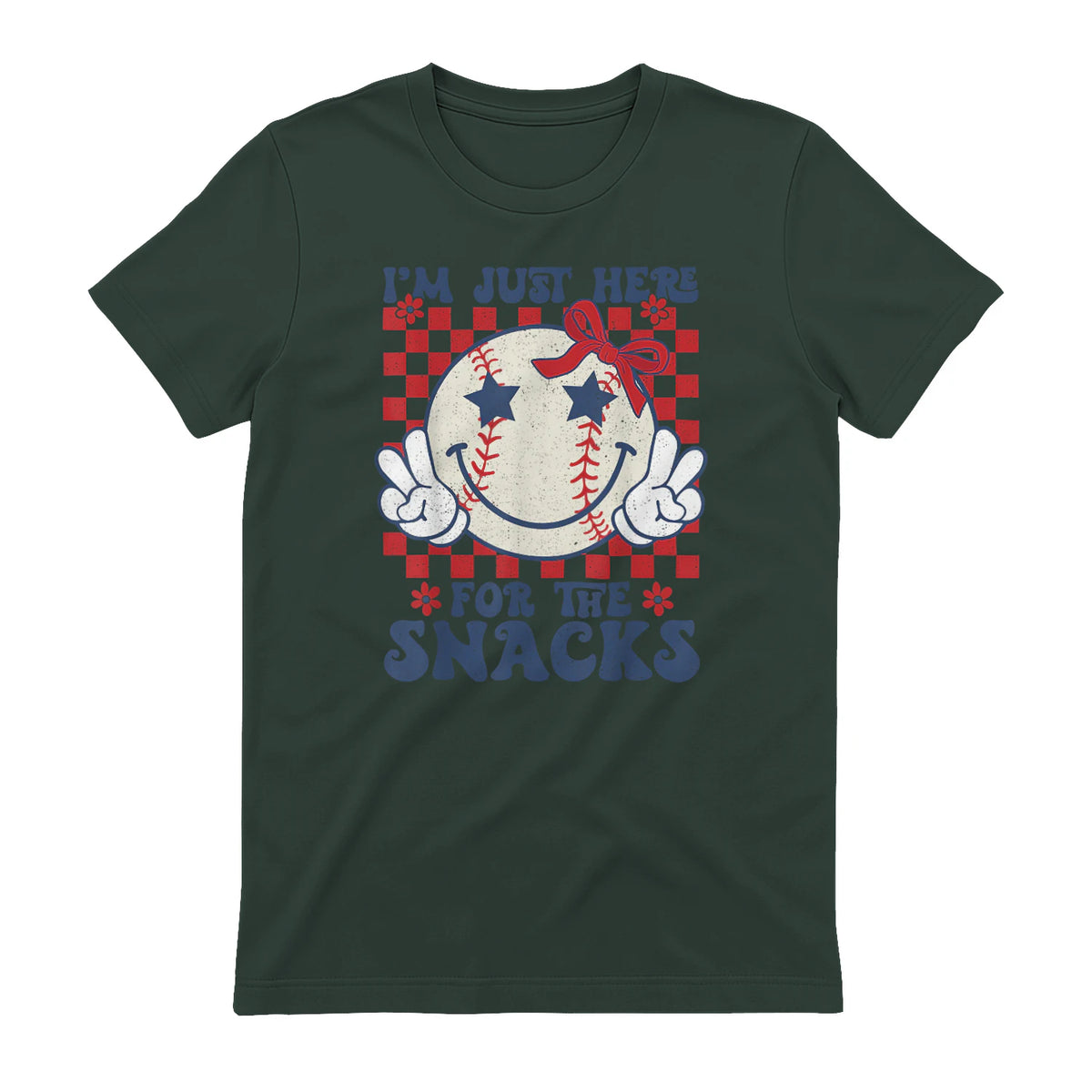 Retro Baseball Sister I'm Just Here for The Snacks Girls Mom T-Shirt in Forest Green - back view