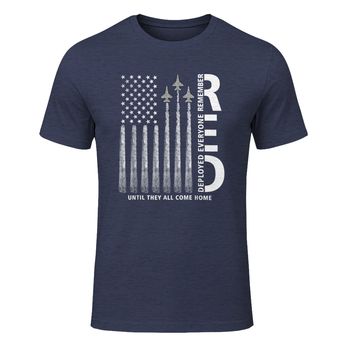 Remember Everyone Deployed RED Friday Military American Flag T-Shirt in Heather Navy - front view