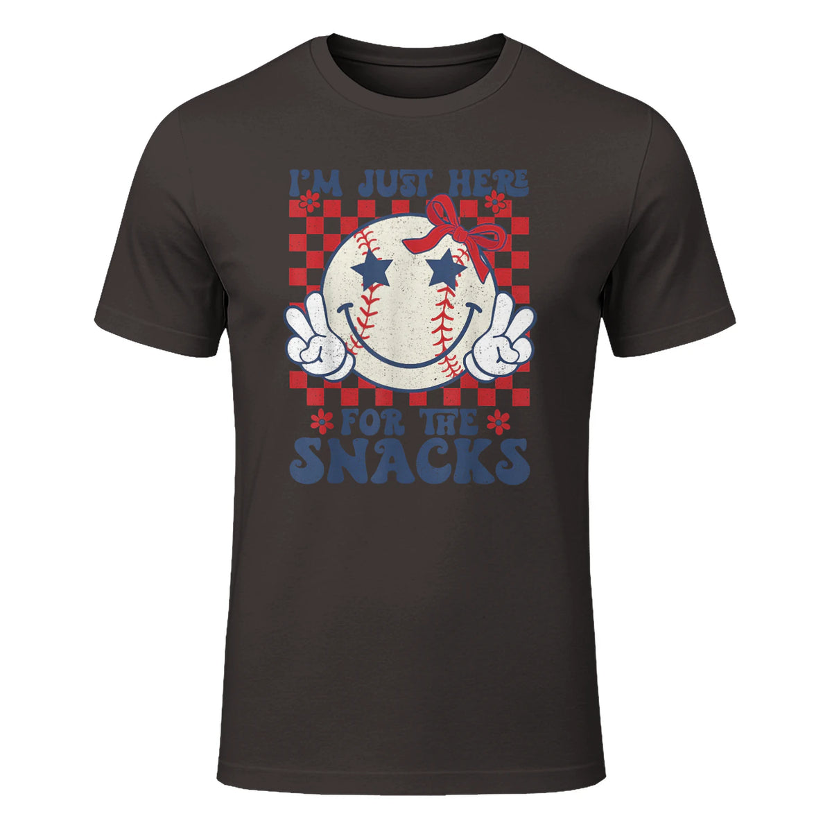 Retro Baseball Sister I'm Just Here for The Snacks Girls Mom T-Shirt in Dark Chocolate - front view