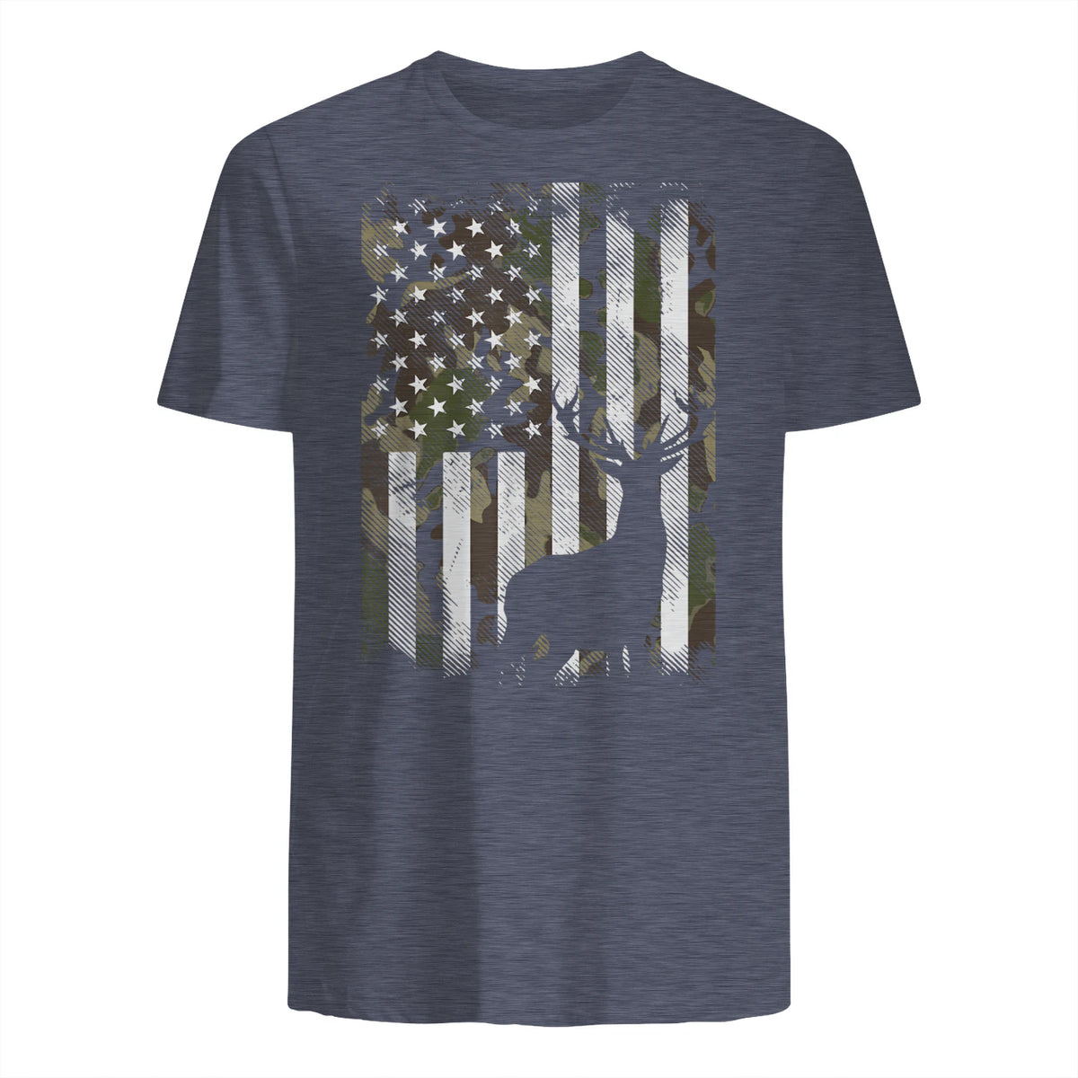 Camo US Flag Deer Elk Buck Camoflage Hunting Hunter Dad Gift Short Sleeve in Heather Navy - back view