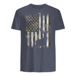 Camo US Flag Deer Elk Buck Camoflage Hunting Hunter Dad Gift Short Sleeve in Heather Navy - back view