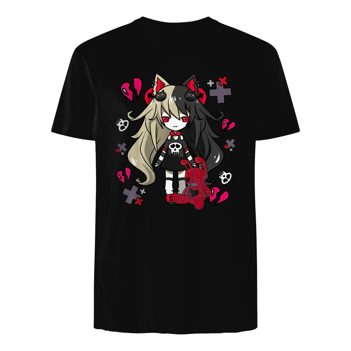 Chibi Kawaii Emo Pastel Goth Girl with Sad Bunny in Black - back view
