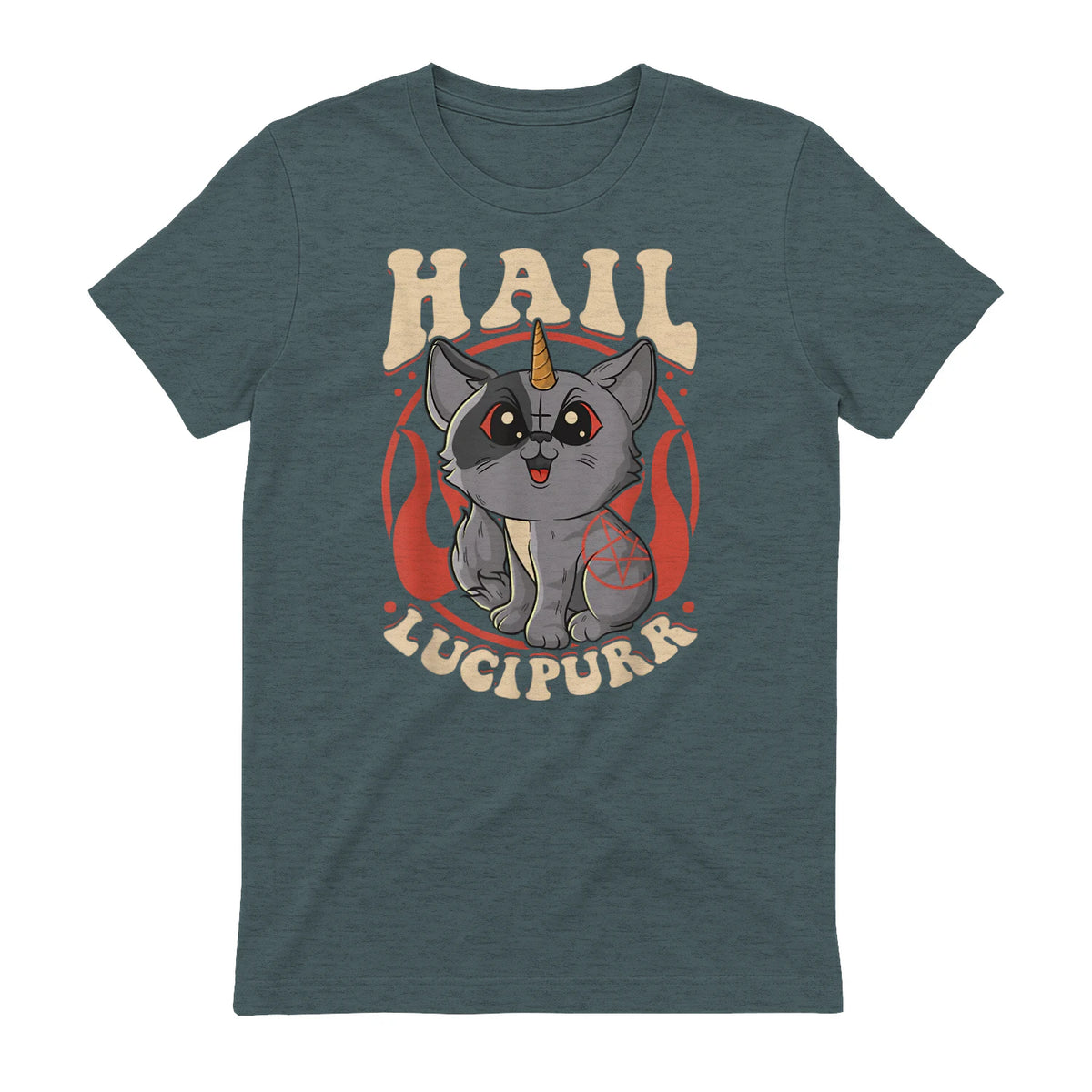 Cute & Funny Satanic Hail Lucipurr Rainbow Kitty Goth in Dark Heather - back view