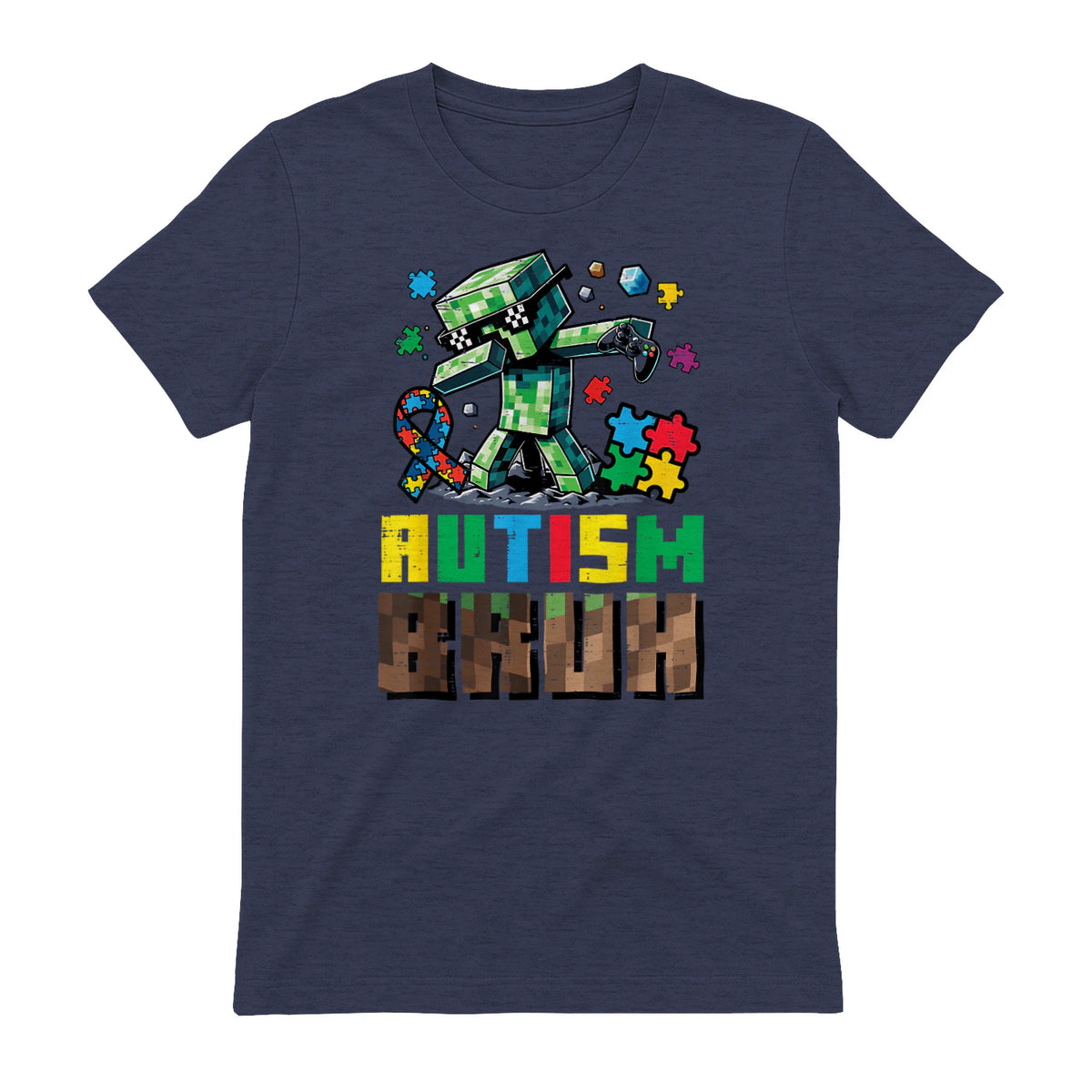 Autism Bruh Dab ASD Awareness Gamer Boys Kids Youth in Heather Navy - back view