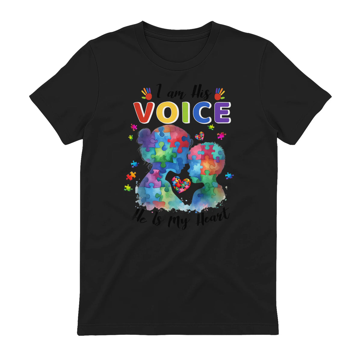 I Am His Voice He Is My Heart Autism Awareness Mom Son in Black - back view
