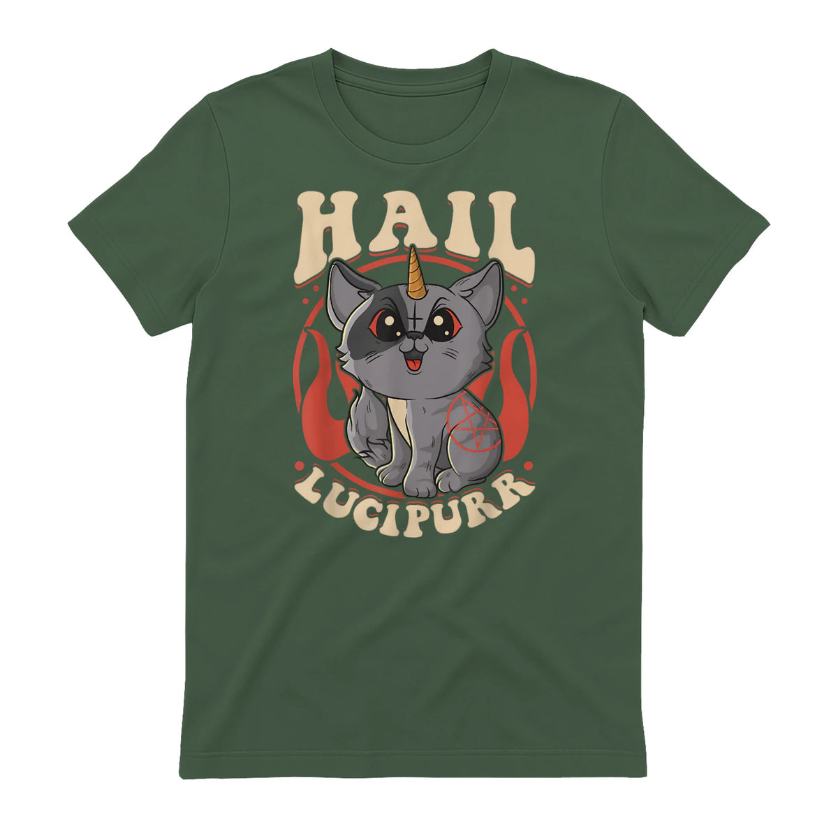Cute & Funny Satanic Hail Lucipurr Rainbow Kitty Goth in Military Green - back view