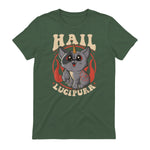 Cute & Funny Satanic Hail Lucipurr Rainbow Kitty Goth in Military Green - back view