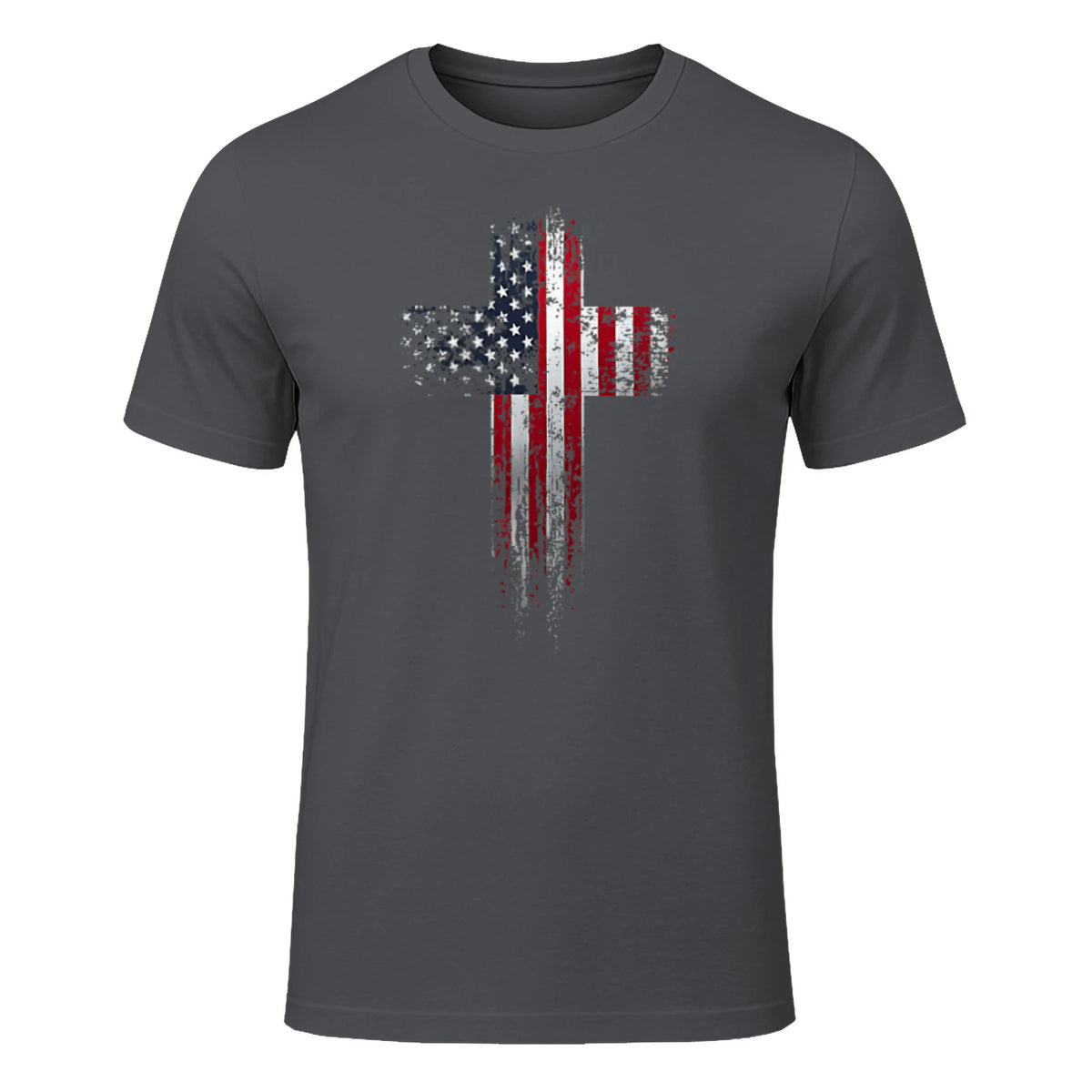 American USA Flag Christian Cross T-Shirt in Charcoal - front view