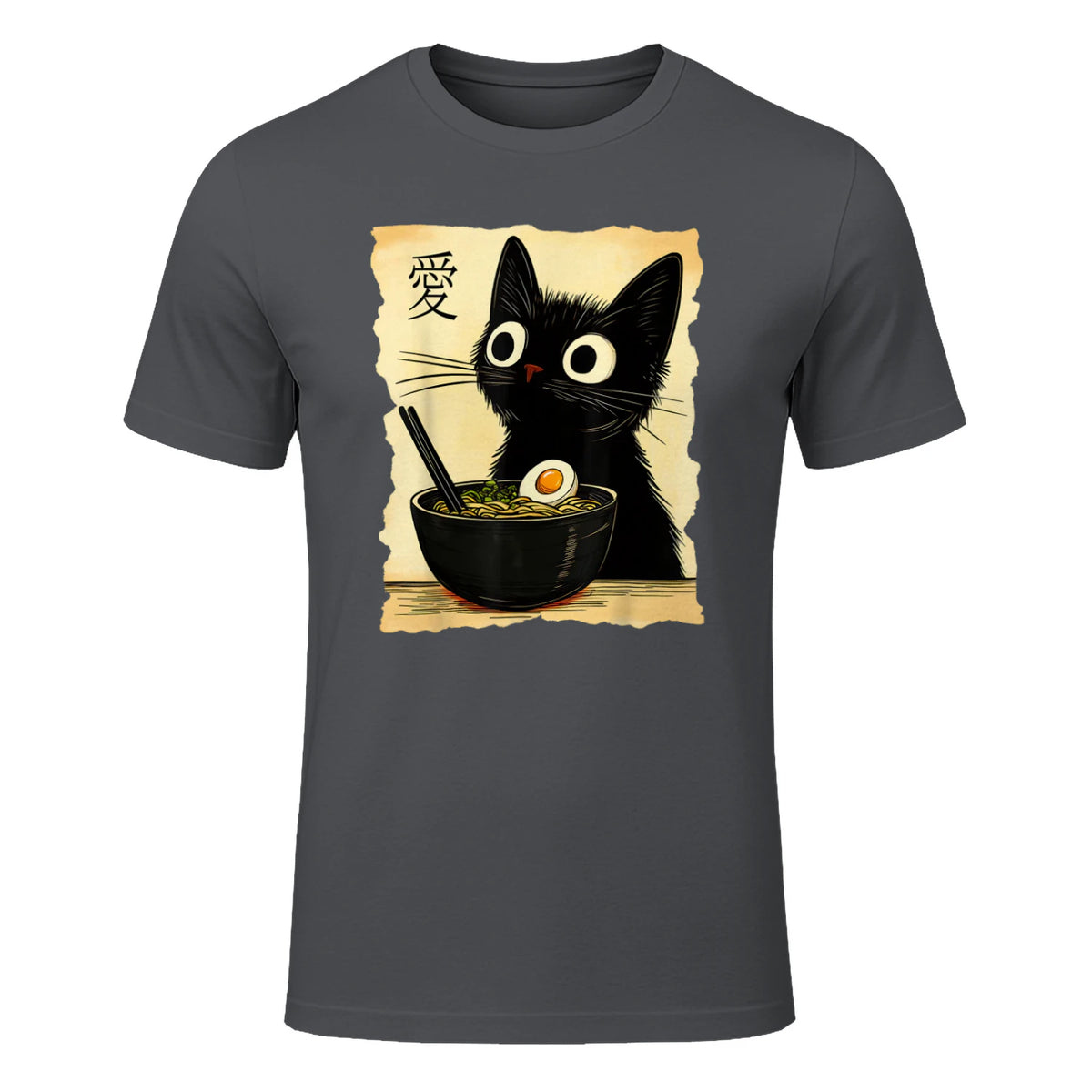Funny Cat Ramen Graphic Tee Japanese Kawaii Anime Cat T-Shirt in Charcoal - front view