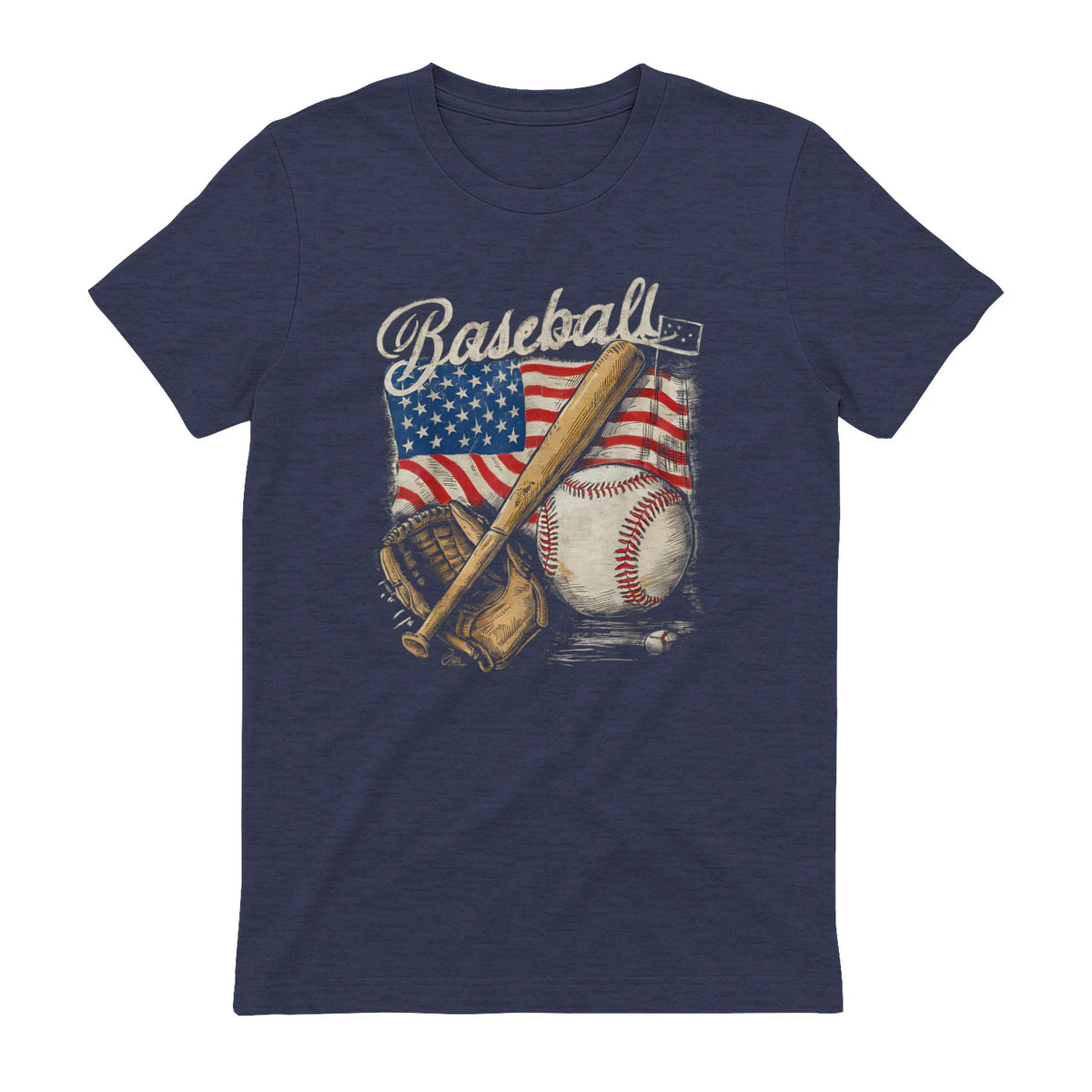 American Flag Baseball Player Bat Fan Catcher Pitcher USA T-Shirt in Heather Navy - back view