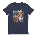 American Flag Baseball Player Bat Fan Catcher Pitcher USA T-Shirt in Heather Navy - back view