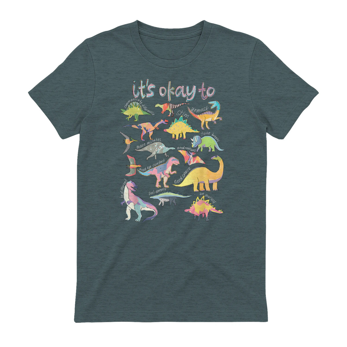 Autism Awareness It's Okay to Be Different Funny Dinosaur in Dark Heather - back view