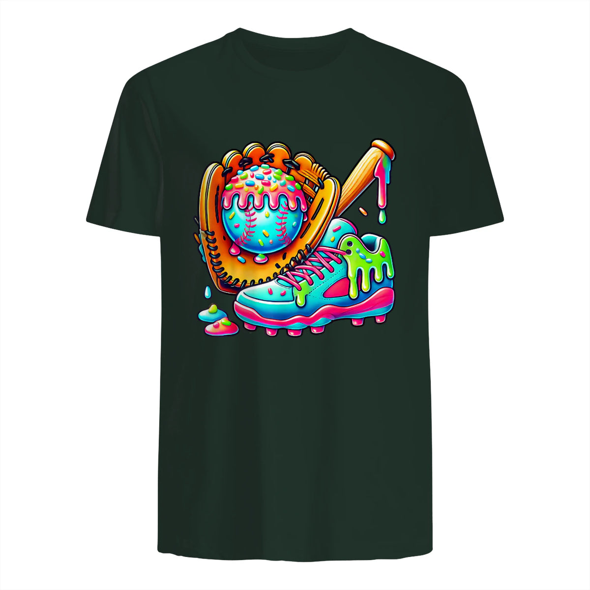 Ice Cream Drip Baseball Stuff Baseball Drip for Boys Graphic T-Shirt in Forest Green - back view