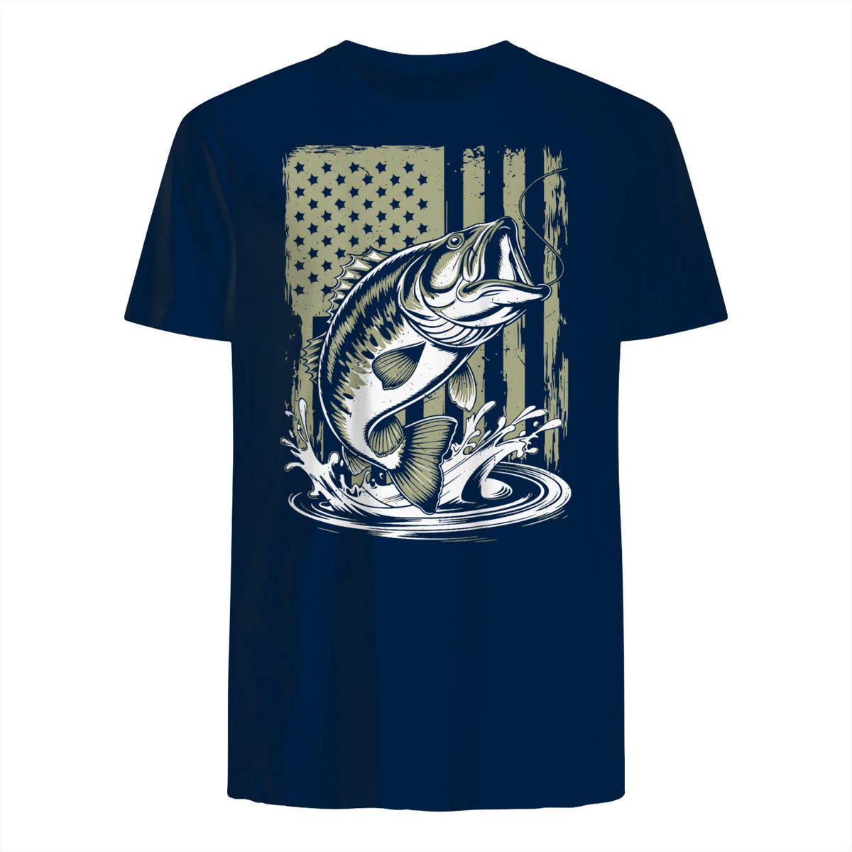 Fishing Camo Bass Fish American Flag Men's Fisherman Gift T-Shirt in Navy - back view