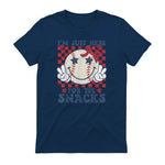 Retro Baseball Sister I'm Just Here for The Snacks Girls Mom T-Shirt in Navy - back view