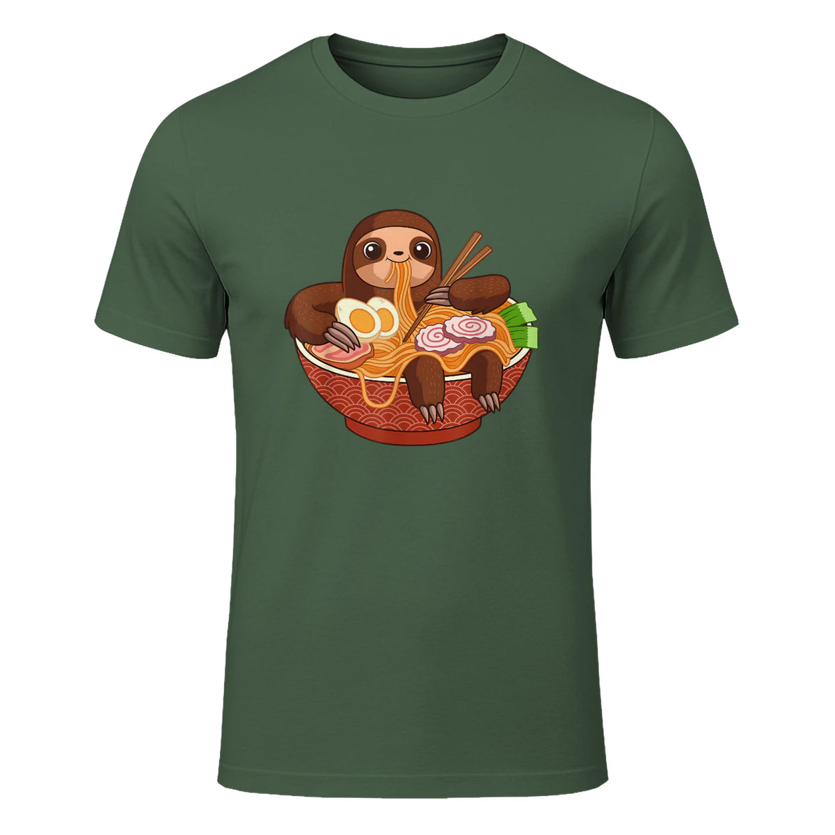 Kawaii Cute Anime Sloth Otaku Japanese Ramen Noodles in Military Green - front view