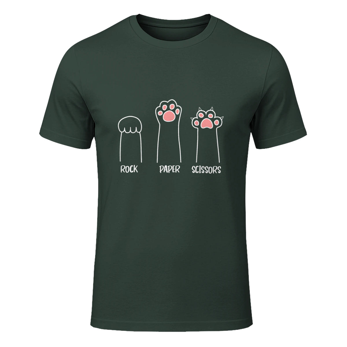 Introvert Cat Animal Rescue Pet Lover Apparel Rock Paper Scissors Hand Game Cute Paw Funny Cat T-Shirt in Forest Green - front view