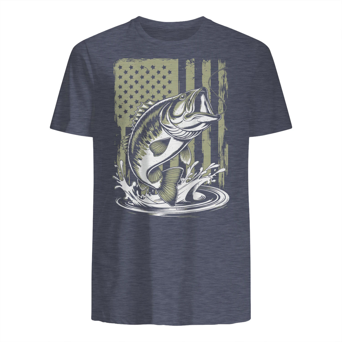 Fishing Camo Bass Fish American Flag Men's Fisherman Gift T-Shirt in Heather Navy - back view