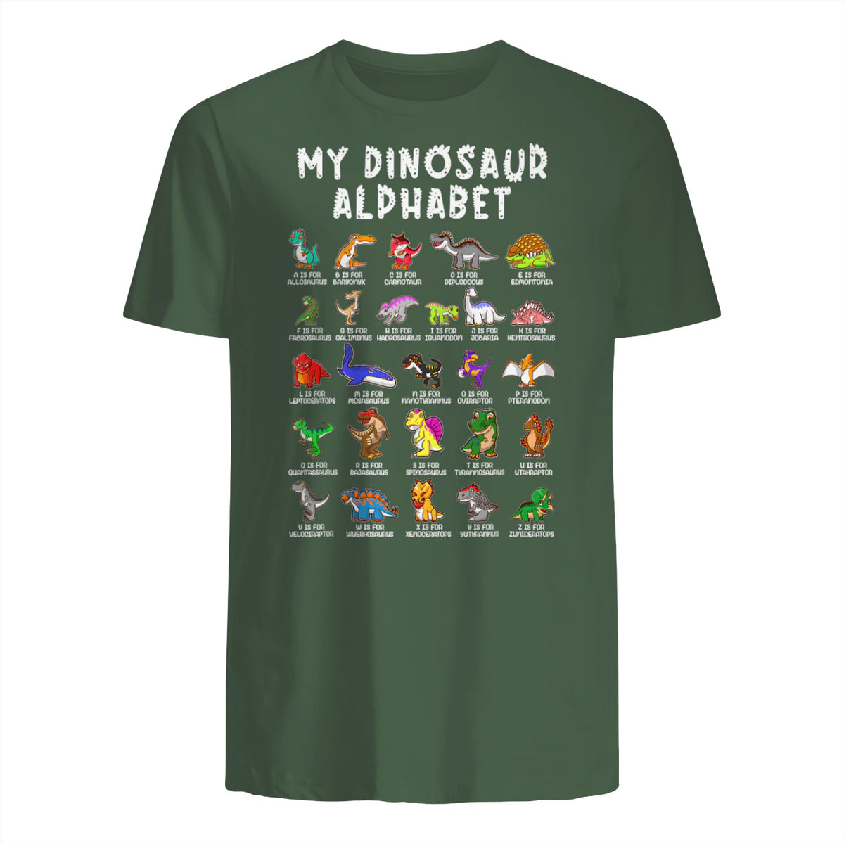 Types Of Dinosaurs Alphabet Dino Identification T-Shirt in Military Green - back view