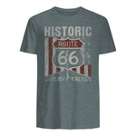 Historic USA Route Sixty-Six Highway Road Sign T-Shirt in Dark Heather - back view