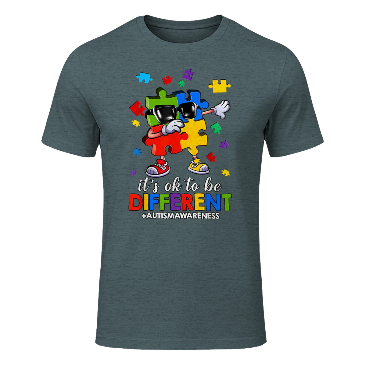 It's OK to Be Different Dabbing Puzzle Autism Awareness Kids in Dark Heather - front view