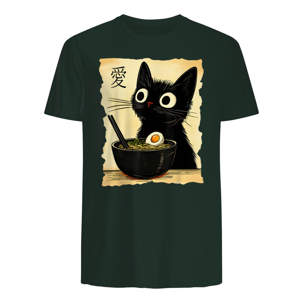 Funny Cat Ramen Graphic Tee Japanese Kawaii Anime Cat T-Shirt in Forest Green - back view