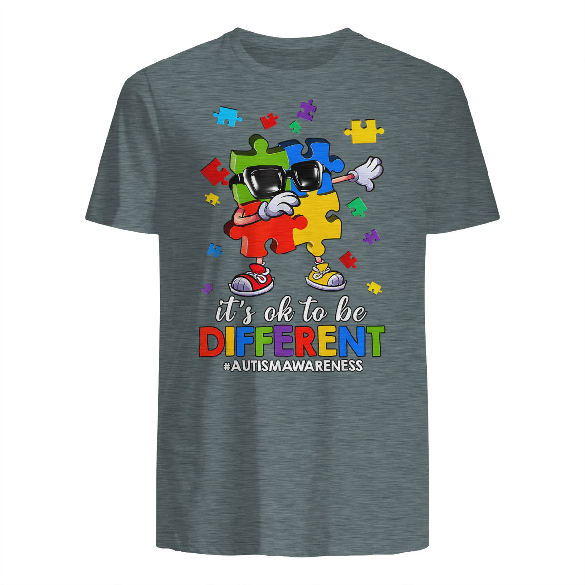 It's OK to Be Different Dabbing Puzzle Autism Awareness Kids in Dark Heather - back view