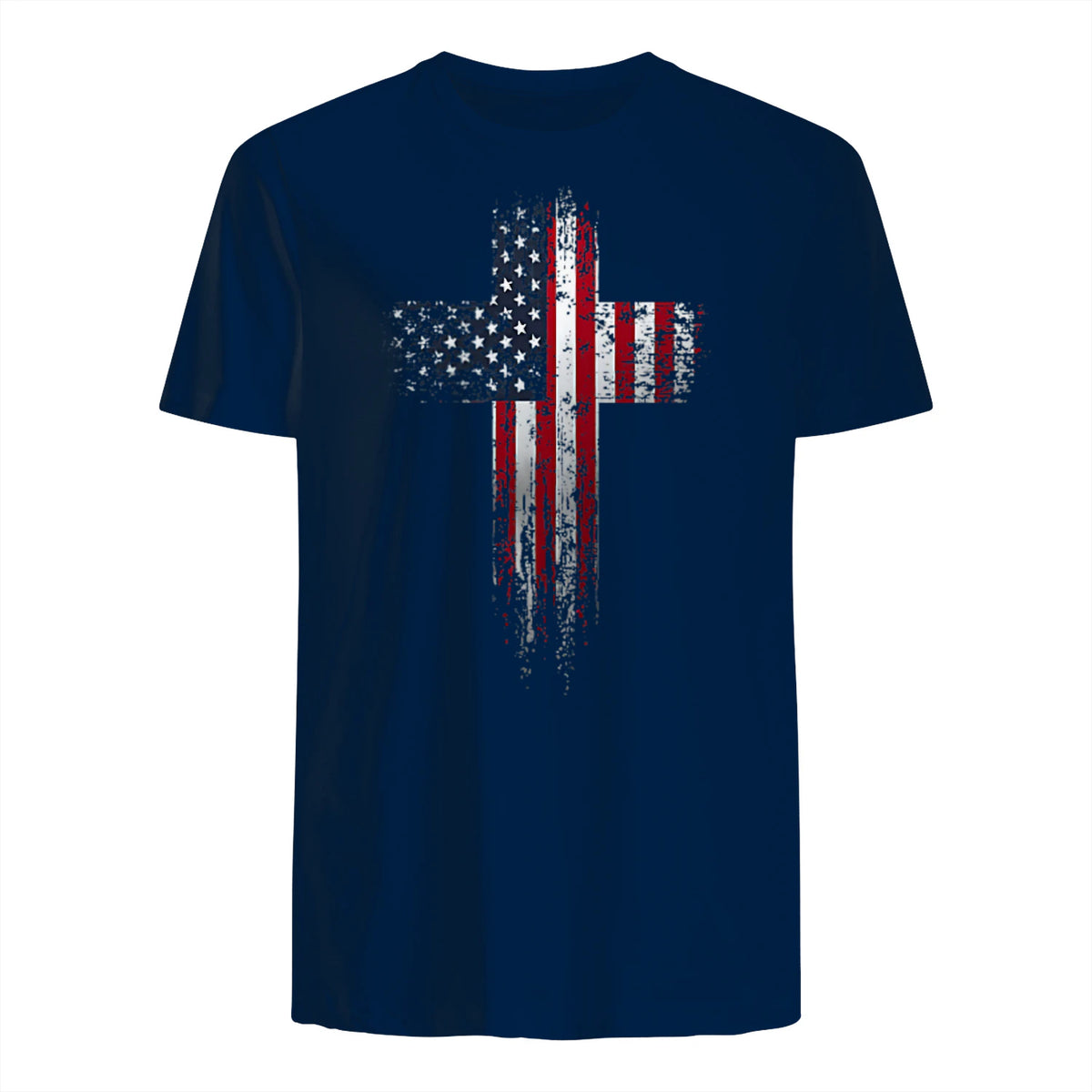 American USA Flag Christian Cross T-Shirt in Navy - back view