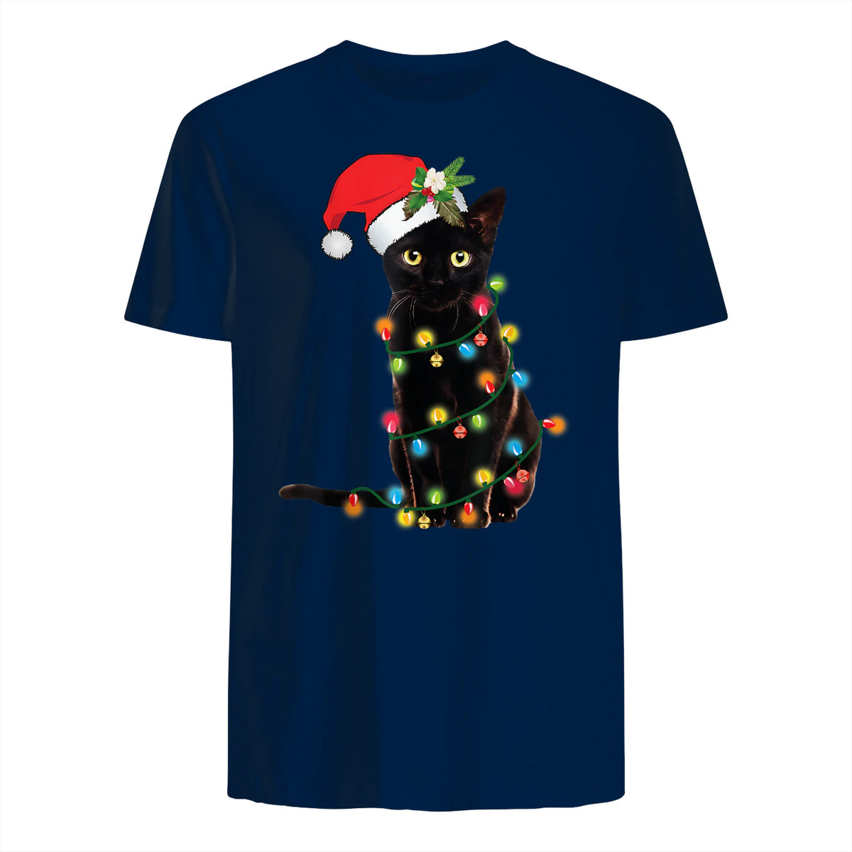 Santa Black Cat Tangled Up In Christmas Tree Lights Holiday in Navy - back view
