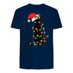Santa Black Cat Tangled Up In Christmas Tree Lights Holiday in Navy - back view