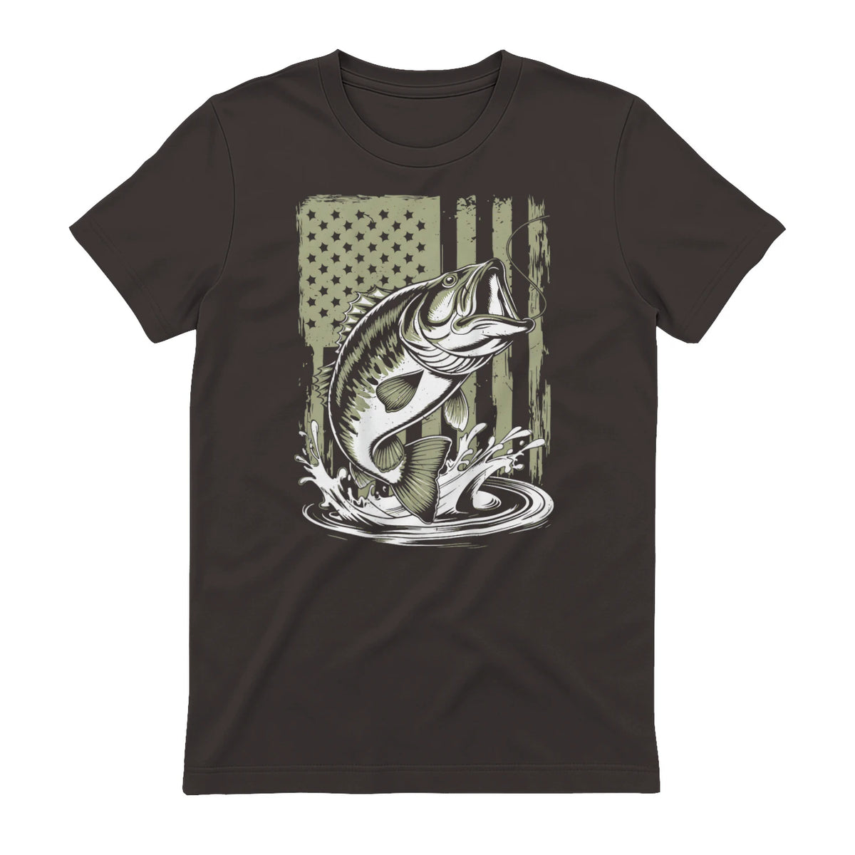 Fishing Camo Bass Fish American Flag Men's Fisherman Gift T-Shirt in Dark Chocolate - back view