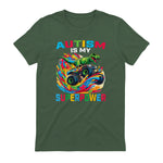 Autism is My Superpower Dino T Rex Monster Truck Kids Boys in Military Green - back view