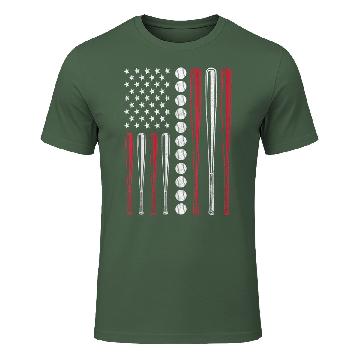 Patriotic Baseball Fourth of July USA Flag T-Shirt in Military Green - front view