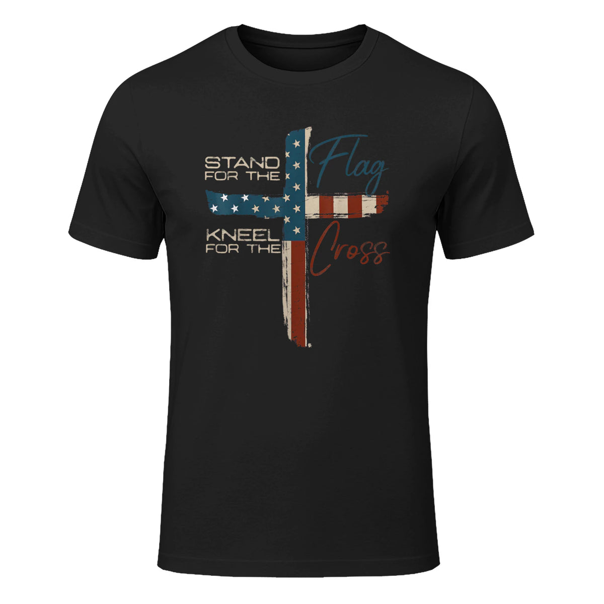 USA Flag Religious Quote Fourth of July Christian Faith T-Shirt in Black - front view