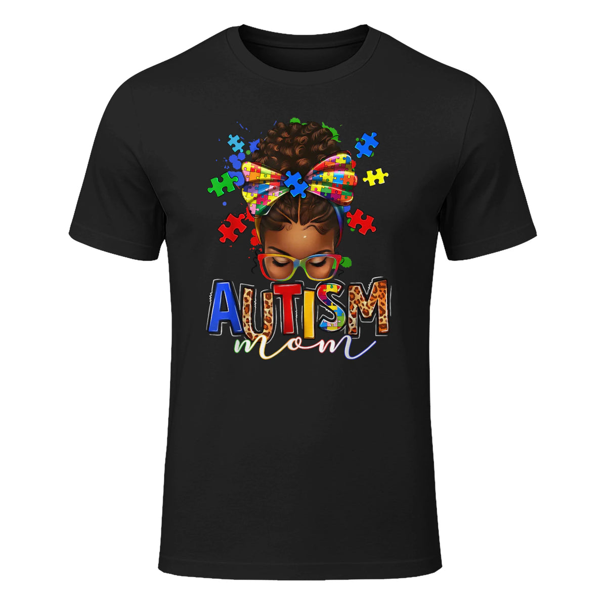 Autism Mom Messy Bun Black Women Autism Awareness Puzzle in Black - front view