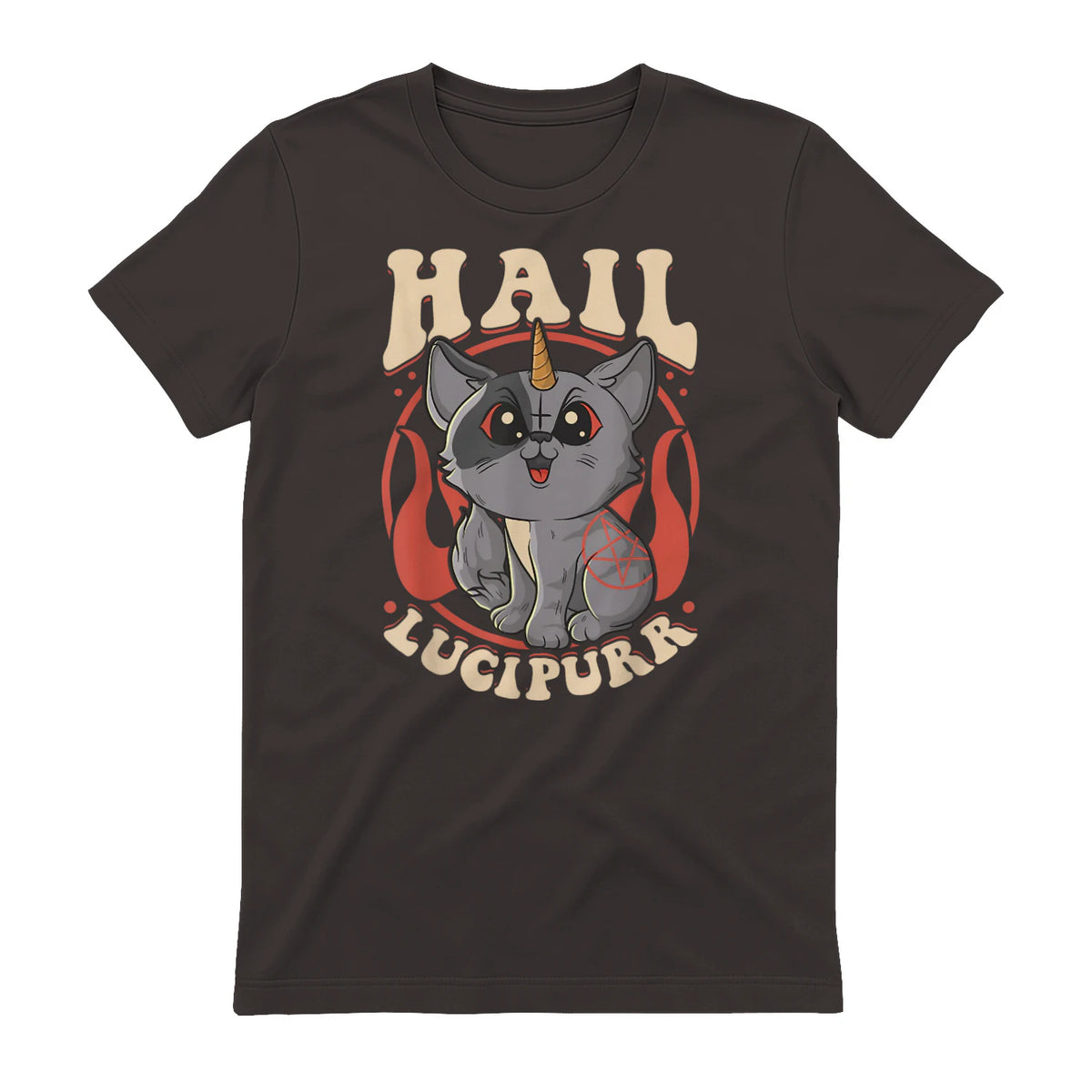 Cute & Funny Satanic Hail Lucipurr Rainbow Kitty Goth in Dark Chocolate - back view