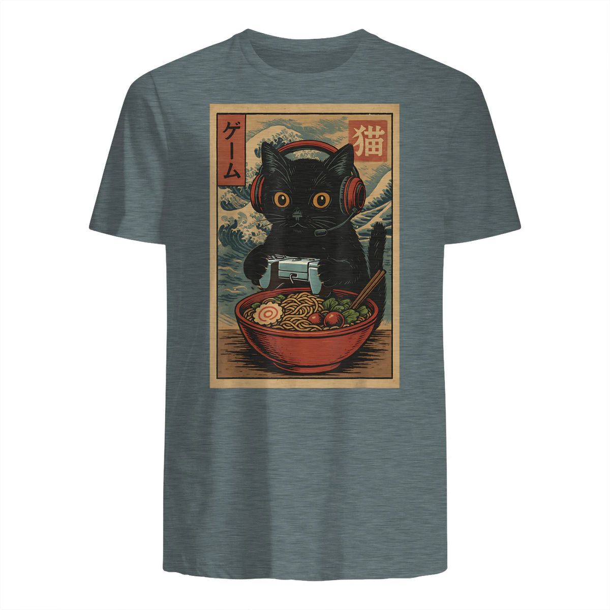 Cute Kawaii Gamer Cat Funny Ramen Retro Japanese Cat Gaming T-Shirt in Dark Heather - back view