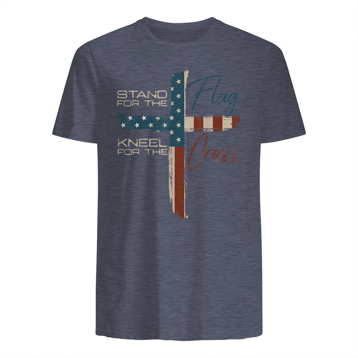 USA Flag Religious Quote Fourth of July Christian Faith T-Shirt in Heather Navy - back view