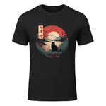 Japanese Red Sunset and Black cat Kanji Japan art T-Shirt in Black - front view