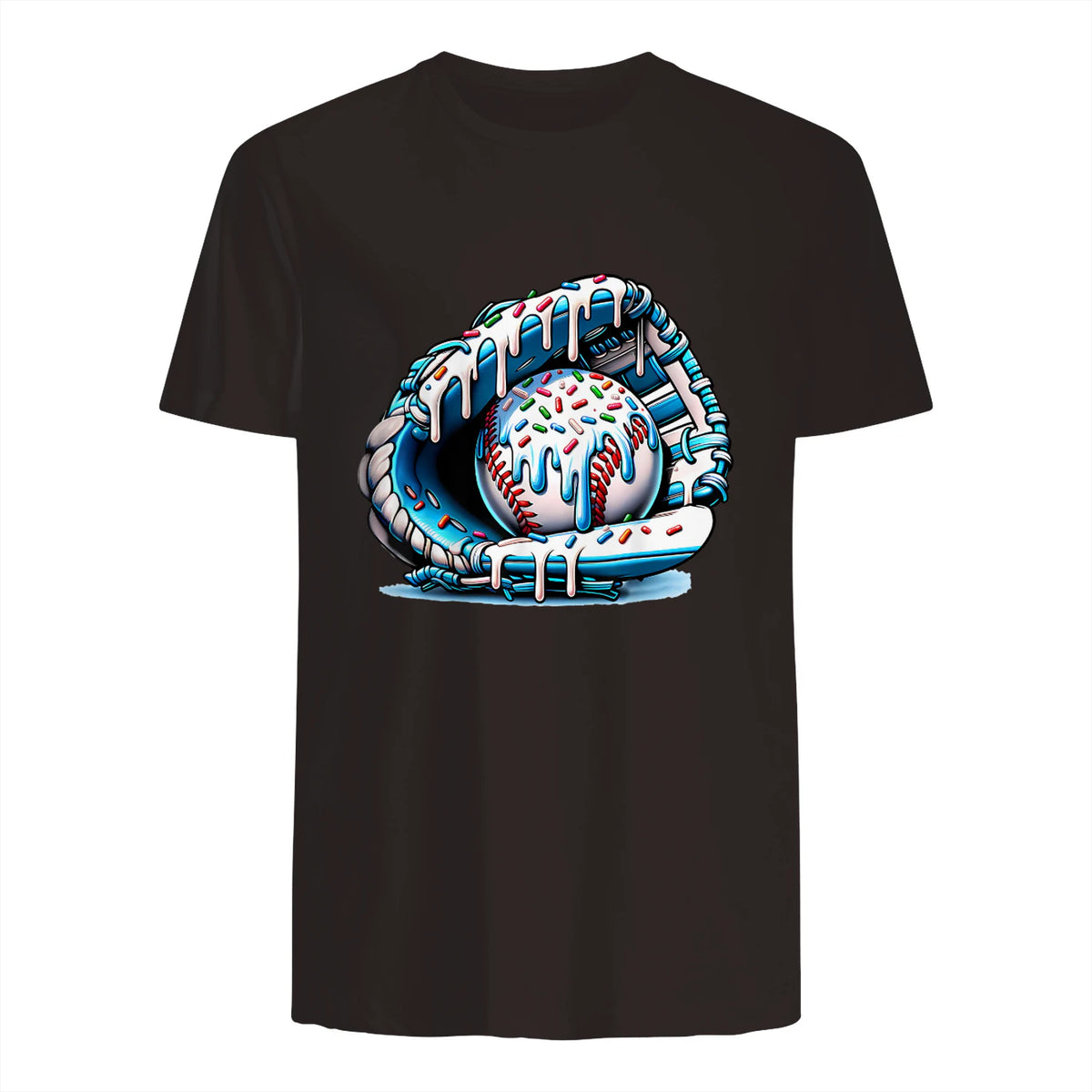 Baseball Drip Ice Cream Sprinkles Baseball Glove T-Shirt in Dark Chocolate - back view