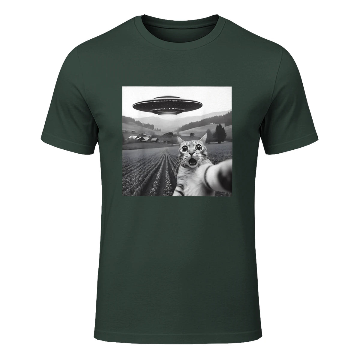 Cat Selfie With Alien UFO Funny Cat Gifts For Men Women Kid T-Shirt in Forest Green - front view