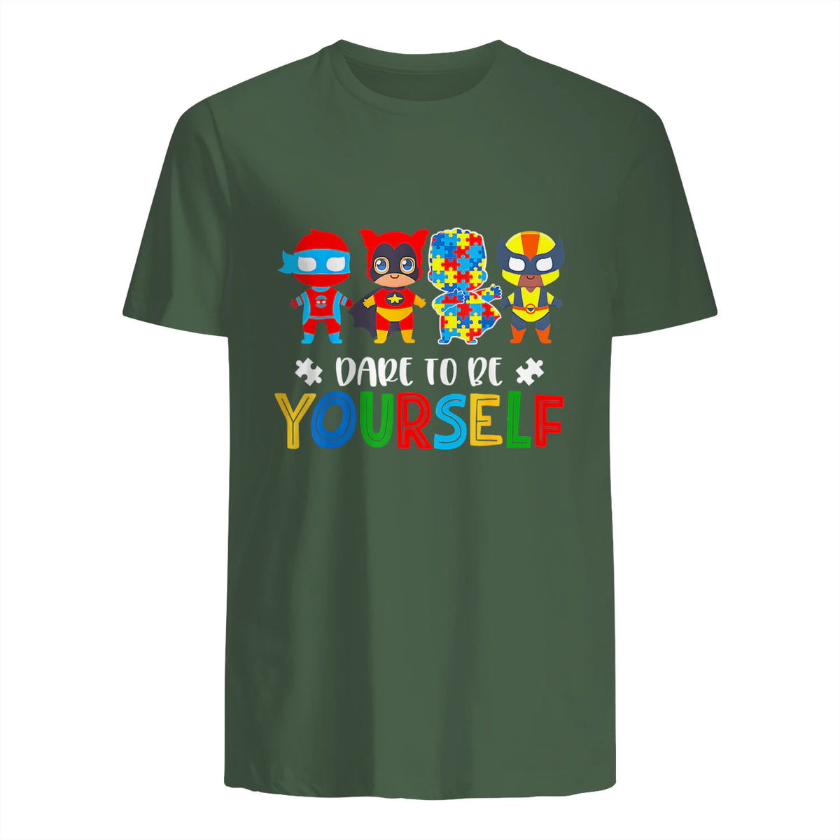 Dare to Be Yourself Autism Awareness Superheroes in Military Green - back view