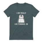 Funny Penguin T-Shirt Cute Just Really Like Penguins Shirt in Dark Heather - back view