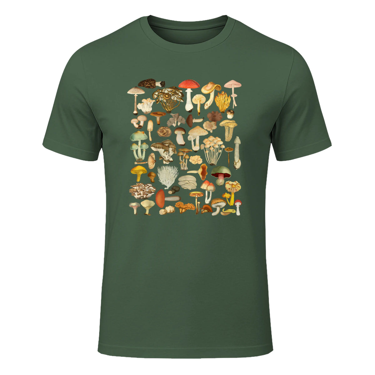 Mushroom Shirt Mycology Fungi Foraging Mushroom Whisperer in Military Green - front view
