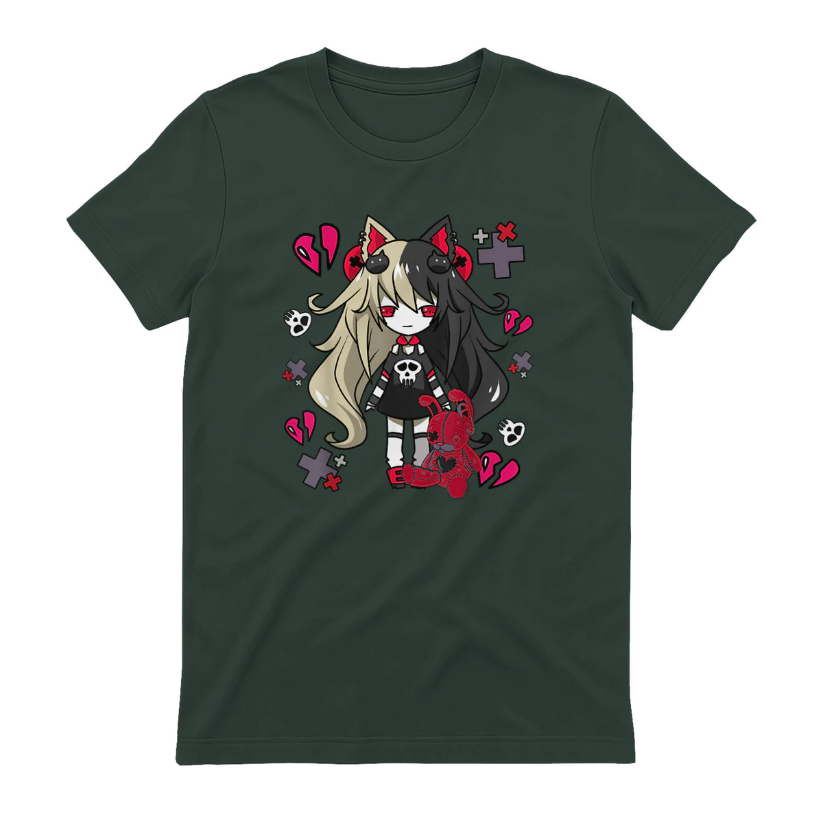 Chibi Kawaii Emo Pastel Goth Girl with Sad Bunny in Forest Green - back view