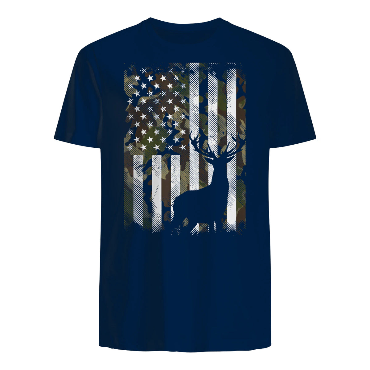 Camo US Flag Deer Elk Buck Camoflage Hunting Hunter Dad Gift Short Sleeve in Navy - back view