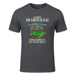 Flat Earth Society T Shirt Turtle Elephants Men Women Gift in Charcoal - front view