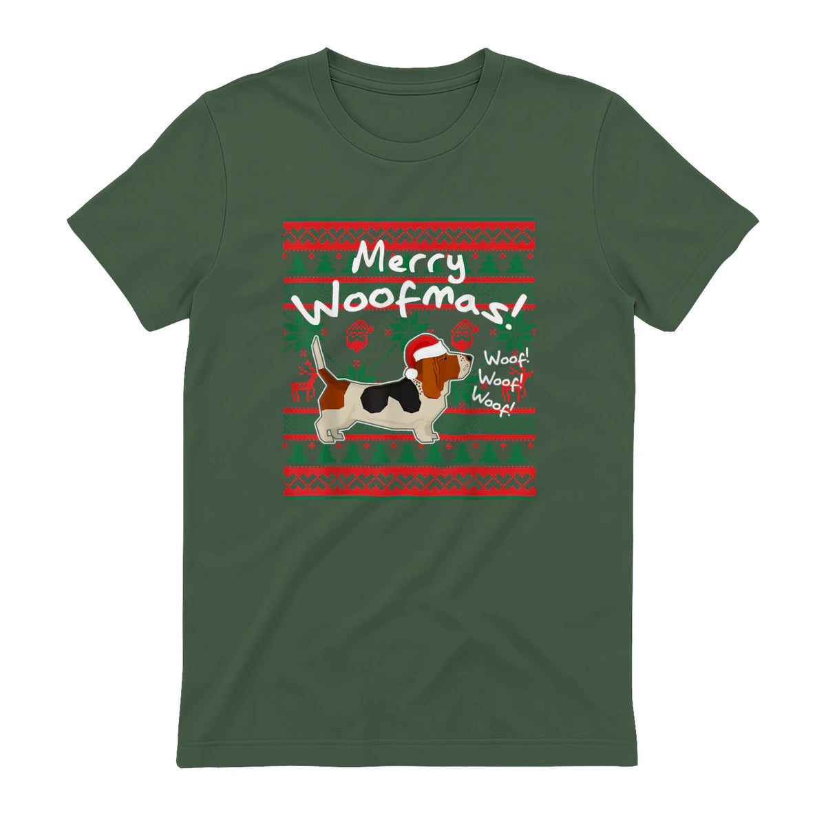 Basset Hound Chemise de Noël Merry Woofmas Père Noël Chien in Military Green - back view