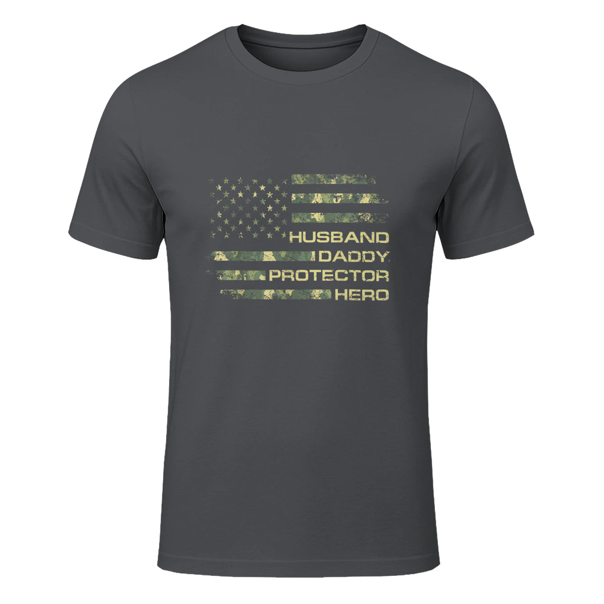 Husband Daddy Protector Hero Fathers Day Camo American Flag in Charcoal - front view